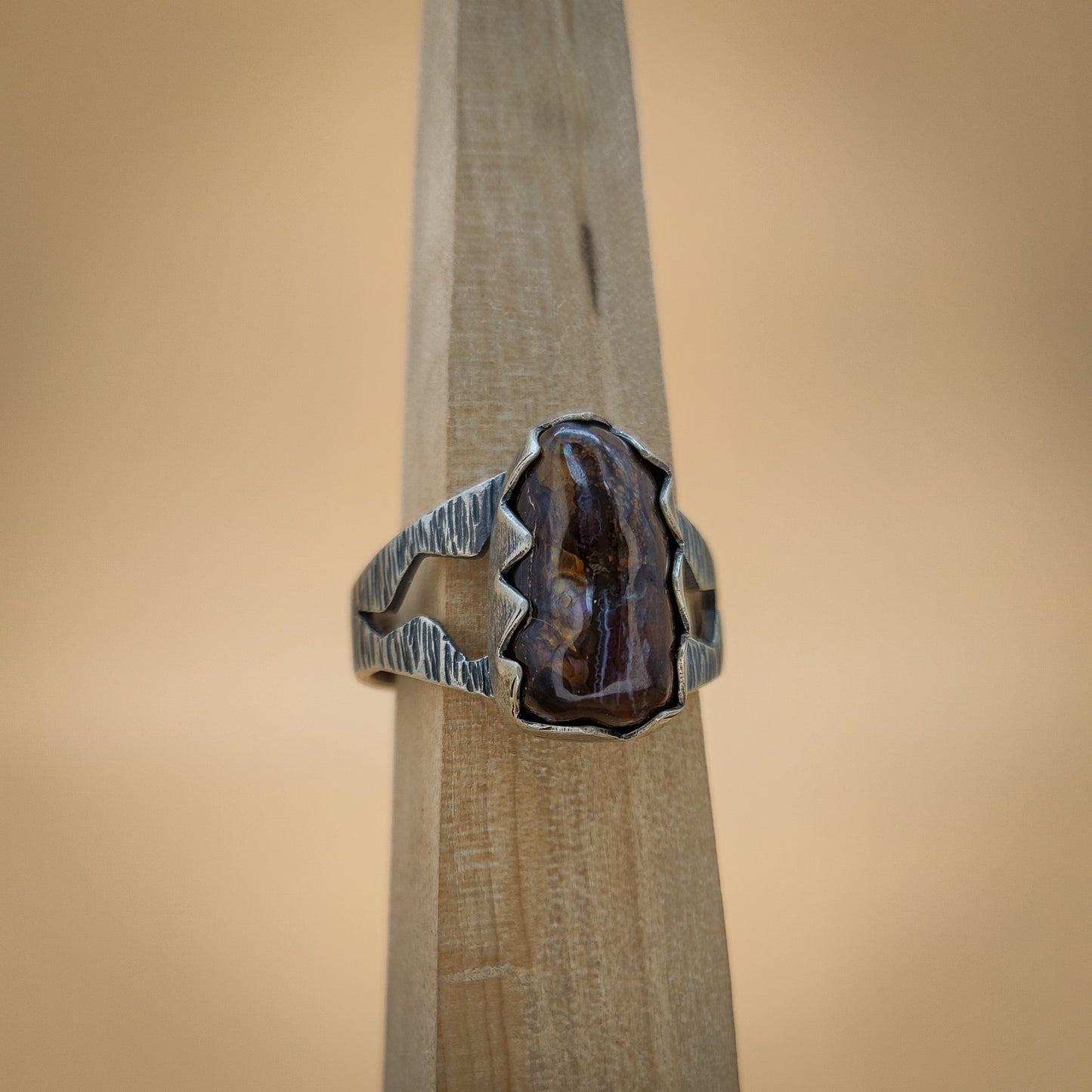 Oregon Fire Agate with Tree Bark Ring Band Size 14