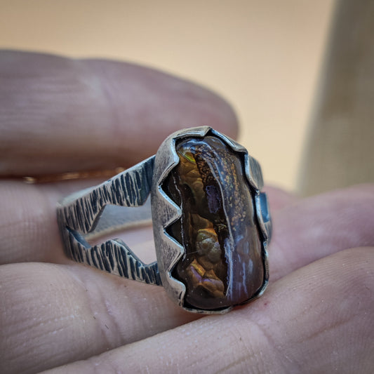 Oregon Fire Agate with Tree Bark Ring Band Size 14
